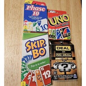 Lot of 4 card games--Uno, Skip-Bo, Phase 10 and Deal or No Deal all parts there